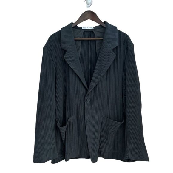 Zara Black Ribbed Oversized Button Front Blazer, Size Medium - Picture 4 of 11